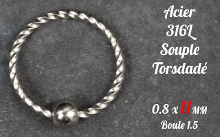 Anneau souple acier torsade 316L - ouverture main - 0.8 x 11 mm.