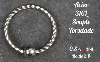Anneau souple acier torsade 316L - ouverture main - 0.8 x 9 mm.