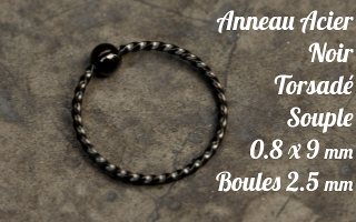 Anneau souple acier torsade Noir 316L - ouverture main - 0.8 x 9 mm.