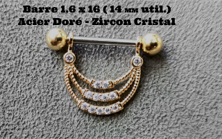 piercing teton 1.6 x 16 acier doré (14 mm util. zircon cristal.