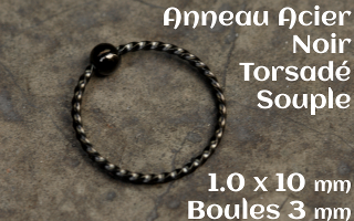 Anneau souple Acier Noir torsadé - boule fixe - 1.0 x10