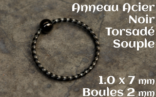 Anneau souple Acier Noir torsadé - boule fixe - 1.0 x7
