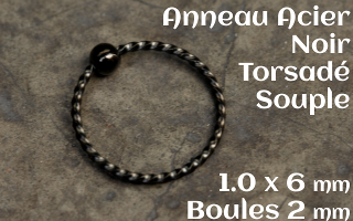 Anneau souple Acier Noir torsadé - boule fixe - 1.0 x6