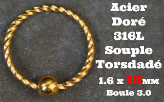 Anneau souple torsade Acier Doré 1.6 x 13 - boule fixe 3 mm