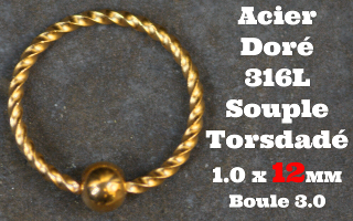 Anneau souple torsade Acier Doré 1.0 x 12 - boule fixe 3 mm