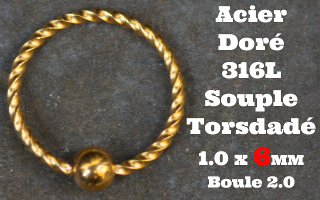 Anneau souple torsade Acier Doré 1.0 x 6 - boule fixe 2 mm