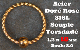 Anneau souple torsade Acier Doré Rose 1.2 x 10 - boule fixe 3 mm