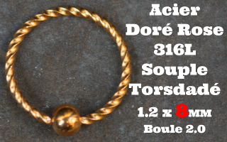 Anneau souple torsade Acier Doré Rose 1.2 x 8 - boule fixe 2 mm