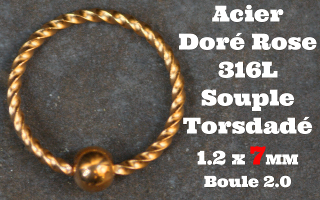 Anneau souple torsade Acier Doré Rose 1.2 x 7 - boule fixe 2 mm