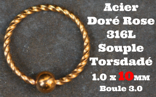 Anneau souple torsade Acier Doré Rose 1.0 x 10 - boule fixe 3 mm