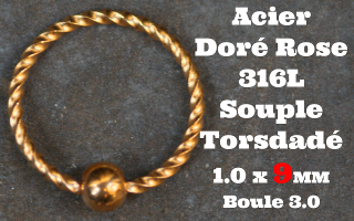 Anneau souple torsade Acier Doré Rose 1.0 x 9 - boule fixe 3 mm