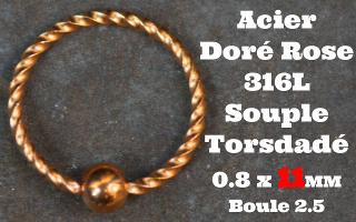 Anneau souple torsade Acier Doré Rose 0.8 x 11- boule fixe 2 mm