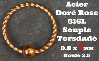Anneau souple torsade Acier Doré Rose 0.8 x 7- boule fixe 2 mm
