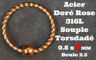 Anneau souple torsade Acier Doré Rose 0.8 x 9- boule fixe 2 mm