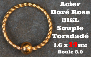 Anneau souple torsade Acier Doré Rose 1.6 x 14- boule fixe 3 mm