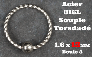 Anneau souple torsade Acier 1.6 x 13- boule fixe 3 mm