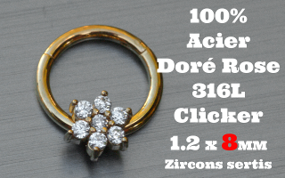Clicker acier anodise Dore Rose 1.2 x 8 - 100 % Acier - zircon sertis