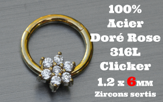 Clicker acier anodise Dore Rose 1.2 x 6 - 100 % Acier - zircon sertis
