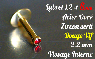 Labret acier anodisé Or 1.2 x 8 - Zircon serti rouge vif - vissage interne