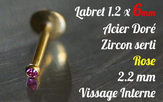 Labret acier anodisé Or 1.2 x 8 - Zircon serti rose - vissage interne