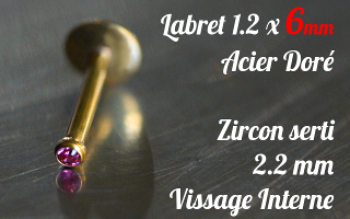 Labret acier anodisé Or 1.2 x 6 - Zircon serti rose - vissage interne
