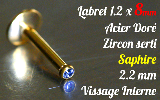Labret acier anodisé Or 1.2 x 8 - Zircon serti Saphire - vissage interne