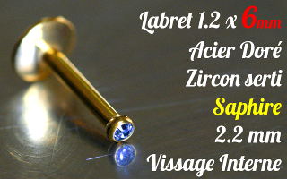 Labret acier anodisé Or 1.2 x 6 - Zircon serti Saphire - vissage interne