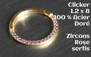 Clicker 1.2 x 8 Acier Doré - zircon rose serti