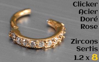 clicker acier Doré Rose 1.2 x 8 - zircons sertis