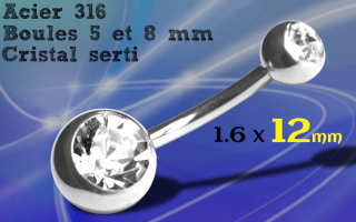 Bananes Acier 1.6 x 12 - boule 5 et 8 mm - double strass cristal sertis