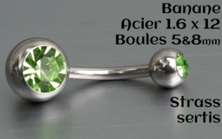 Bananes Acier 1.6 x 12 - boule 5 et 8 mm - double strass vert sertis