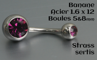 Bananes Acier 1.6 x 12 - boule 5 et 8 mm - double strass amethyste sertis