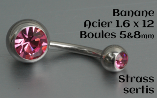 Bananes Acier 1.6 x 12 - boule 5 et 8 mm - double strass rose sertis