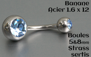 Bananes Acier 1.6 x 12 - boule 5 et 8 mm - double strass ciel sertis