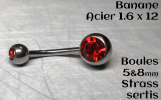 Bananes Acier 1.6 x 12 - boule 5 et 8 mm - double strass rouge vif sertis