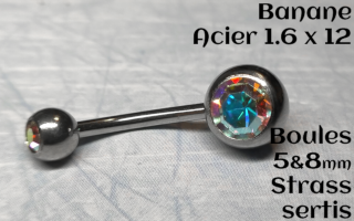 Bananes Acier 1.6 x 12 - boule 5 et 8 mm - double strass irisé sertis