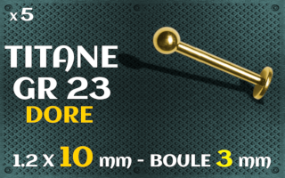 Labret 1.2 x 10 mm - boule 3 mm - titaneg grade 23 dore