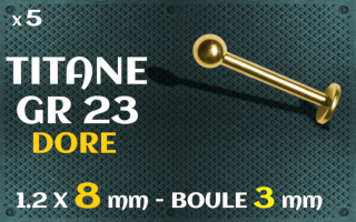 Labret 1.2 x 8 mm - boule 3 mm - titaneg grade 23 dore