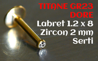 labret titane grade 23 doré 1.2 x 8 - zircon cristal serti