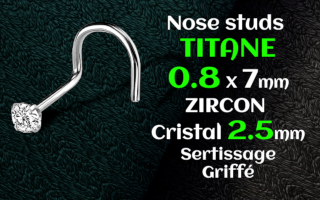 Nose stud Titane gr23 - 0.8 x 7 - zircon serti 2.5 mm