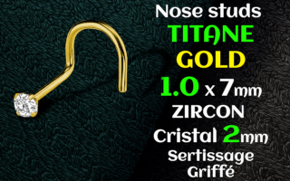 Nose stud Titane gr23 GOLD - 1.0 x 7 - zircon serti 2 mm