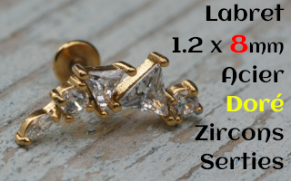 labret 1.2 x 8 acier Dore - zircon serti