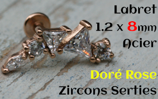 labret 1.2 x 8 acier Dore Rose - zircon serti
