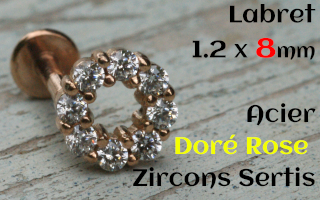 labret 1.2 x 8 acier Dore Rose - zircon sertis