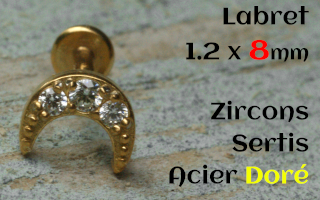 labret 1.2 x 8 - Acier doré - zircon sertis- lune