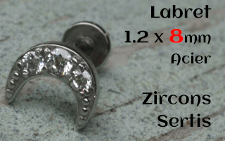 labret 1.2 x 8 - Acier - zircon sertis- lune