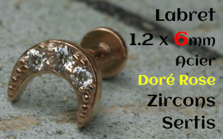 labret 1.2 x 6 - Acier dore rose - zircon sertis- lune