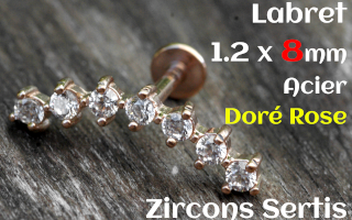 labret 1.2 x 8 - Acier dore rose - zircon sertis