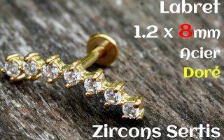 labret 1.2 x 8 - Acier dore- zircon sertis