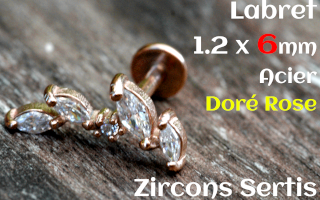 labret 1.2 x 6 - Acier dore rose - zircon sertis